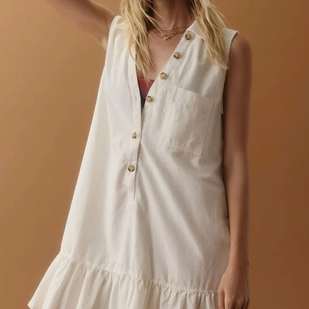 Anthropologie | Pilcro Sleeveless V-Neck Linen Flounce Mini Dress | Size: M - Picture 7 of 7